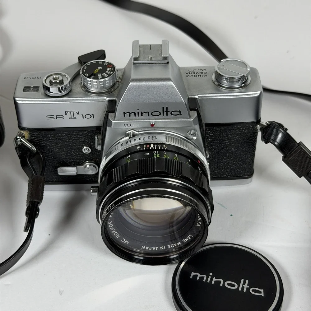 Vintage Minolta SR-T 101 35mm SLR Camera Lot w/ Lenses & Flash - Storage F-15